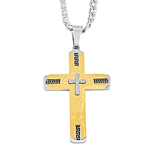 Hellenic Key Cross Pendant Necklace in ION Plated YG and Stainless Steel 24 Inches