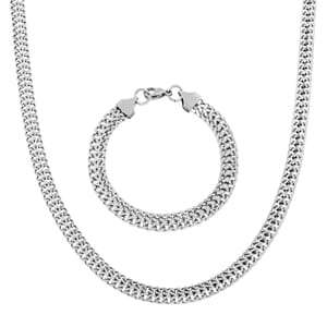 Set of Double Row Curb Chain Bracelet (7.50In) and Necklace 20 Inches in Stainless Steel