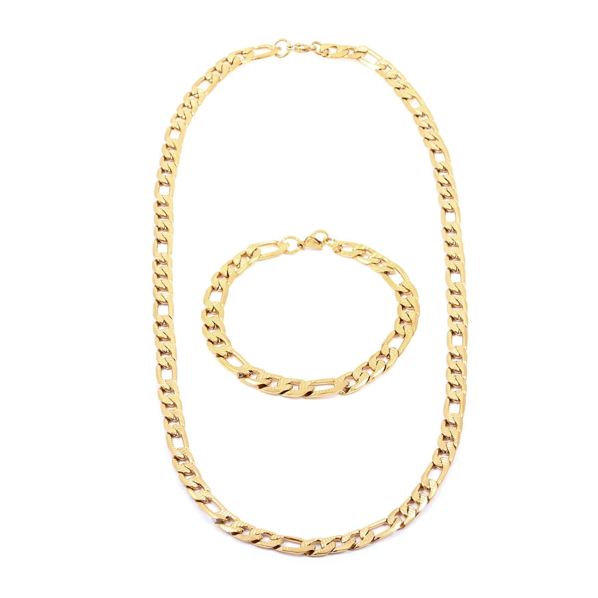 Set of Figaro Chain Bracelet (8.0In) and Necklace 24 Inches in ION Plated Yellow Gold Stainless Steel image number 0