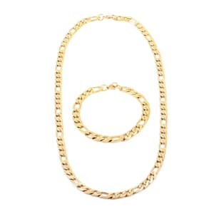 Set of Figaro Chain Bracelet (8.0In) and Necklace 24 Inches in ION Plated Yellow Gold Stainless Steel