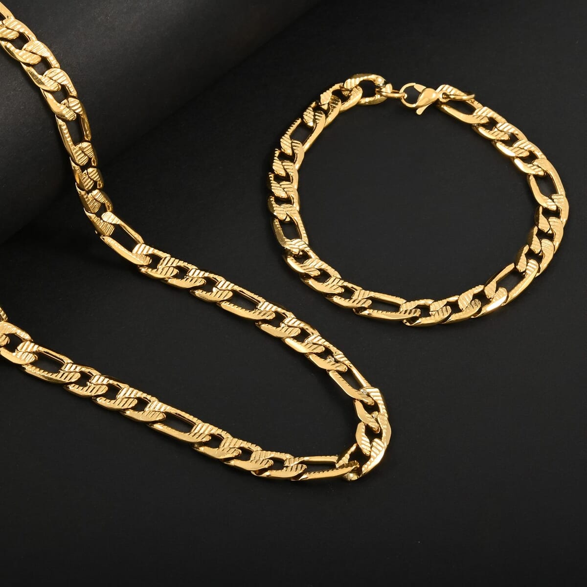 Set of Figaro Chain Bracelet (8.0In) and Necklace 24 Inches in ION Plated Yellow Gold Stainless Steel image number 1