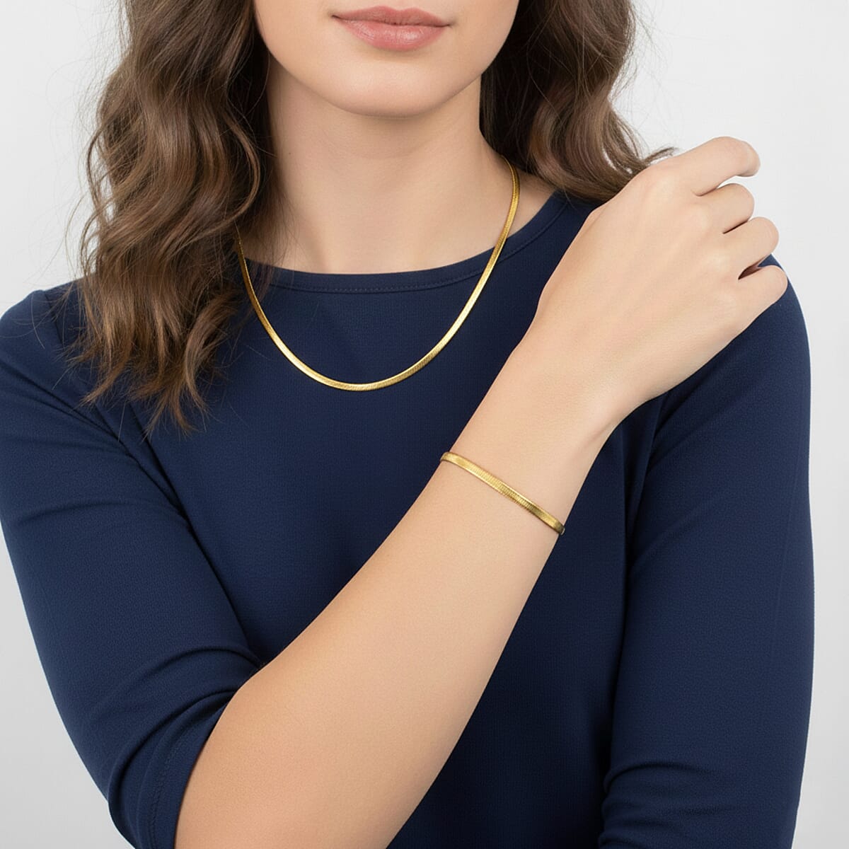 Set of Herringbone Bracelet (7.50In) and Necklace 20 Inches in ION Plated Yellow Gold Stainless Steel image number 2
