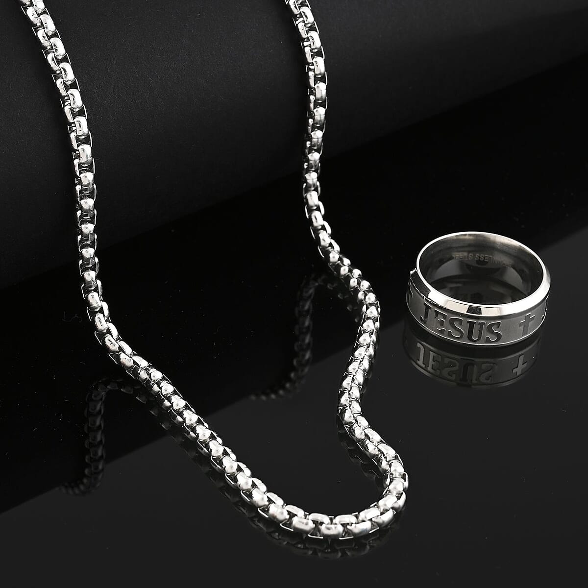 Set of Ring (Size 6.0) and Necklace 24 Inches in Stainless Steel image number 1