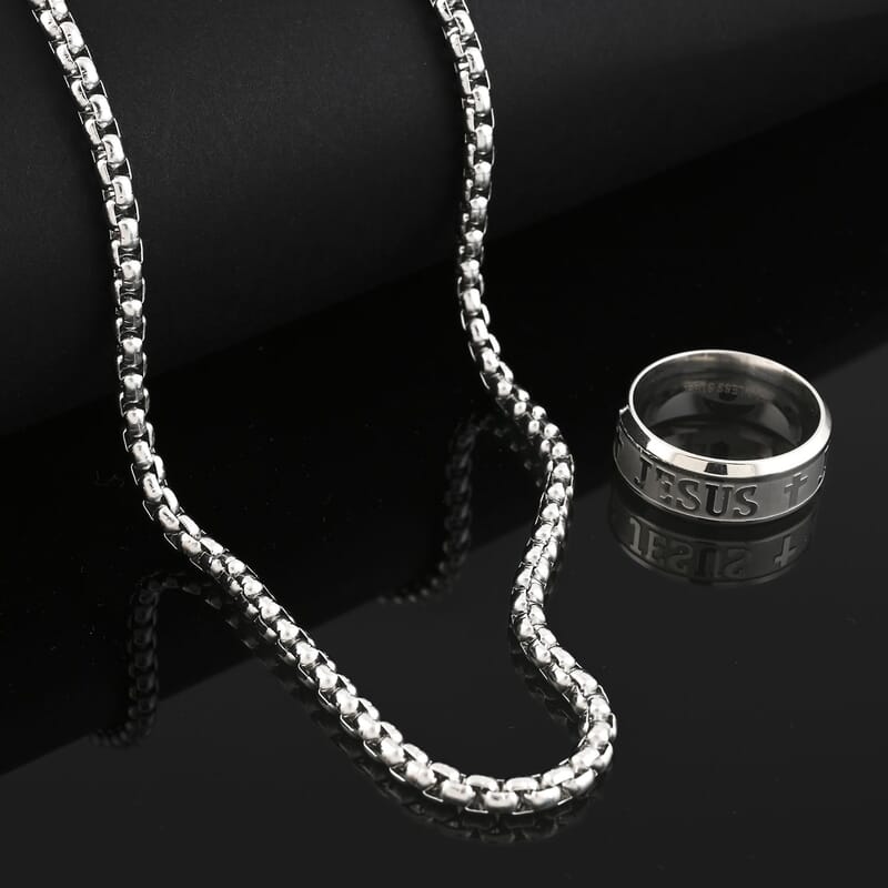 Set of Ring (Size 6.0) and Necklace 24 Inches in Stainless Steel