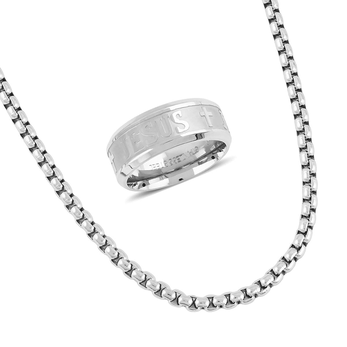Set of Ring (Size 8.0) and Necklace 24 Inches in Stainless Steel image number 0