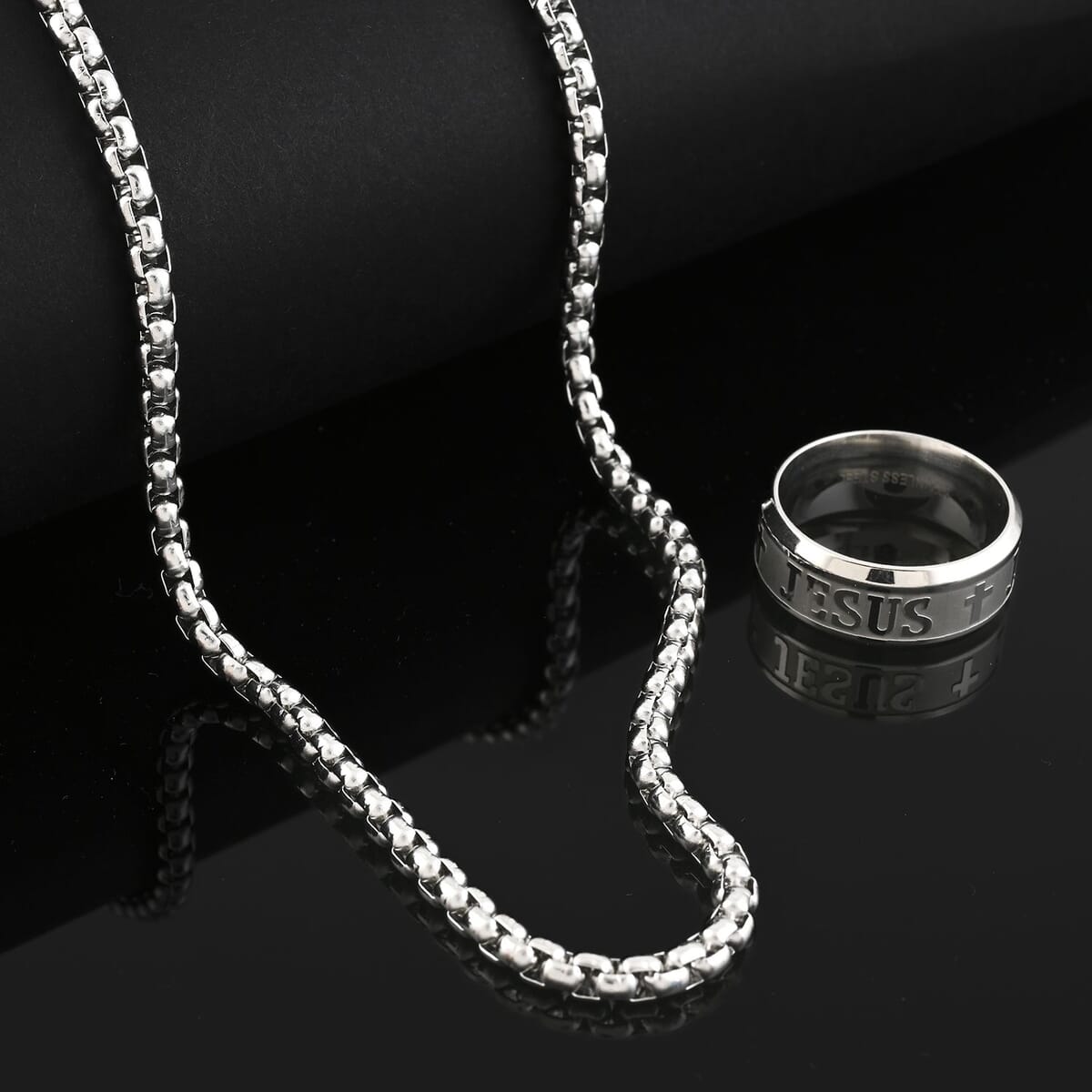 Set of Ring (Size 8.0) and Necklace 24 Inches in Stainless Steel image number 1