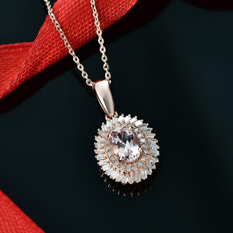 Premium Marropino Morganite and Diamond 1.15 ctw Double Halo Pendant Necklace in 18K Vermeil Rose Gold Over Sterling Silver 20 Inches