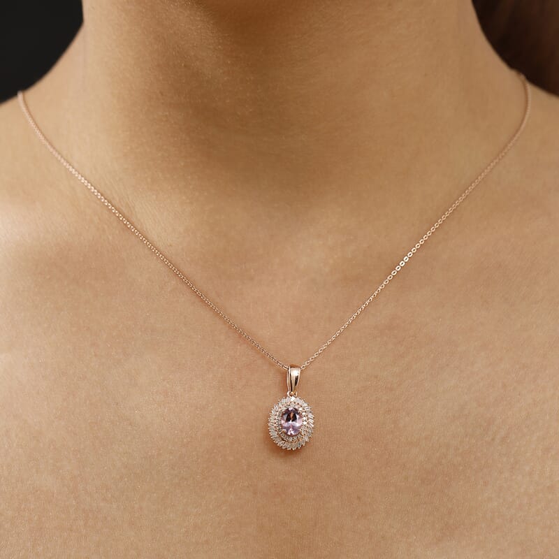 Premium Marropino Morganite and Diamond 1.15 ctw Double Halo Pendant Necklace in 18K Vermeil Rose Gold Over Sterling Silver 20 Inches
