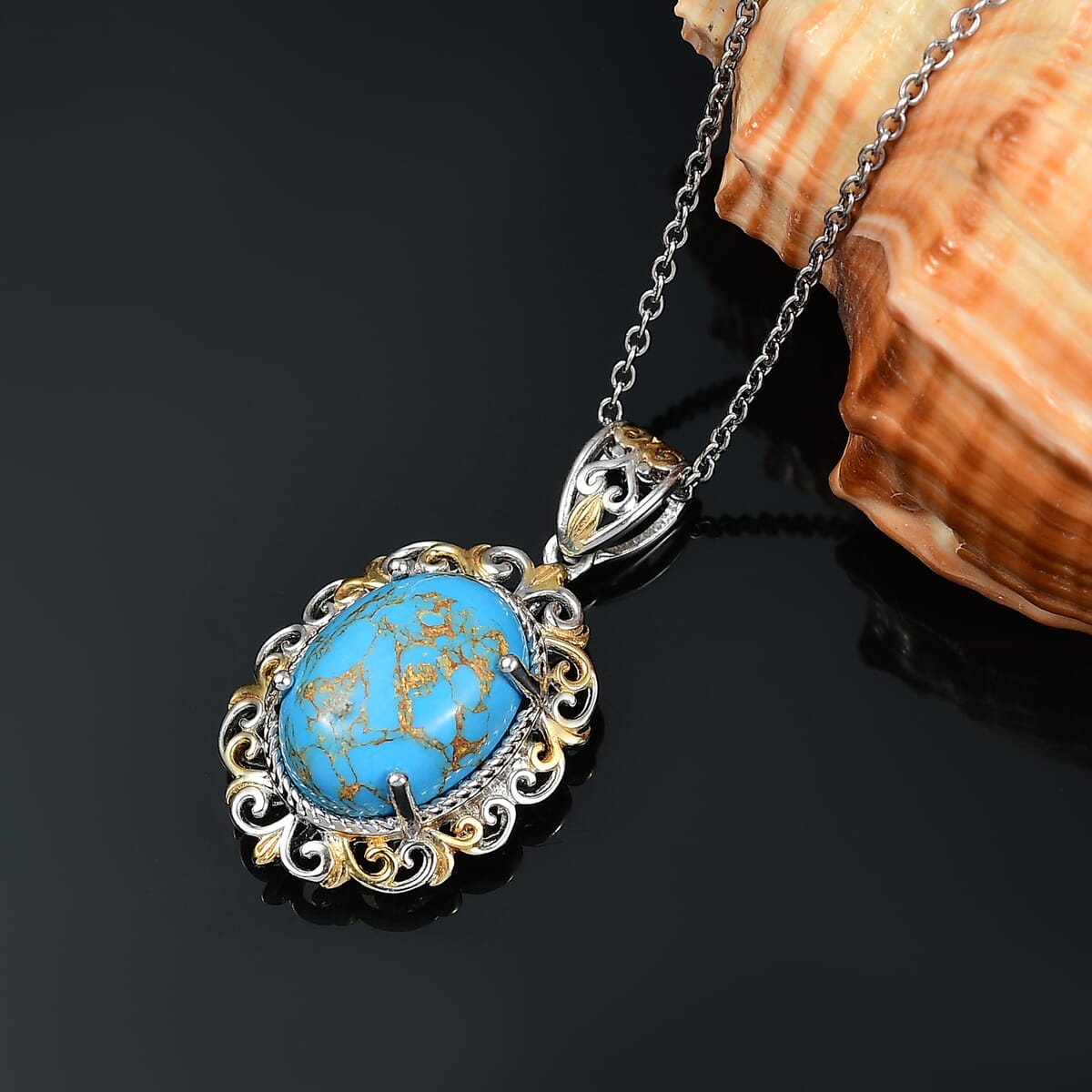 Karis Mojave Blue Turquoise 7.70 ctw Pendant in 18K YG Plated and Platinum Bond with Stainless Steel Necklace 20 Inches image number 1
