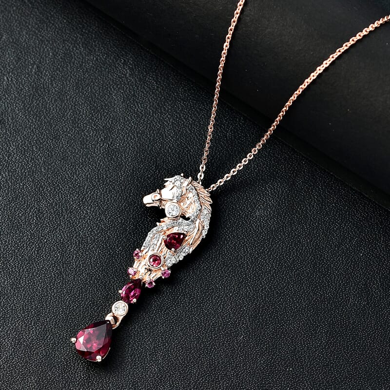 GP Trionfo Collection Premium Orissa Rhodolite Garnet and White Zircon 2.50 ctw Horse Pendant Necklace in 18K Vermeil Rose Gold Over Sterling Silver 20 Inches