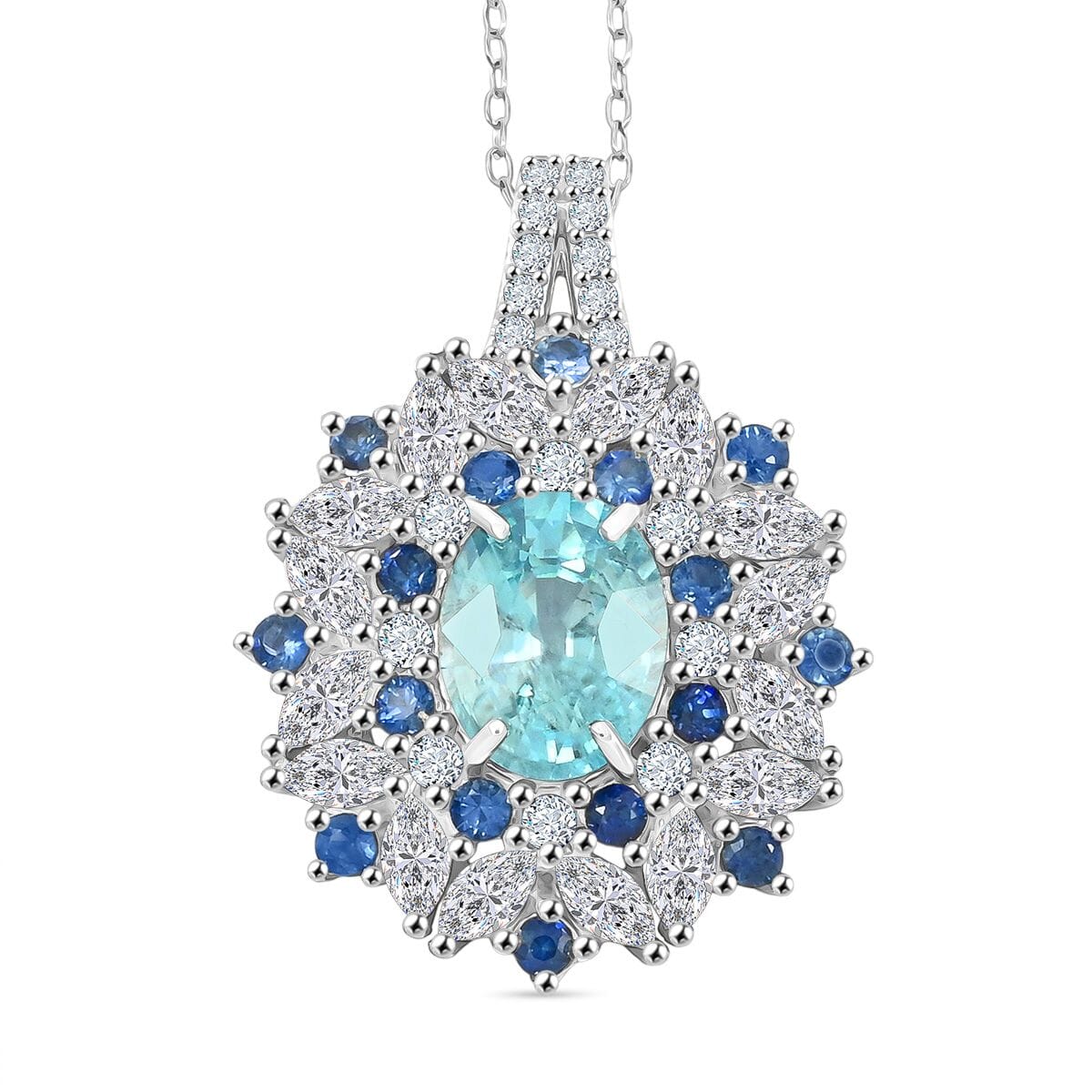 Cambodian Blue Zircon and Multi Gemstone 5.40 ctw Pendant Necklace in Rhodium Over Sterling Silver 20 Inches image number 0