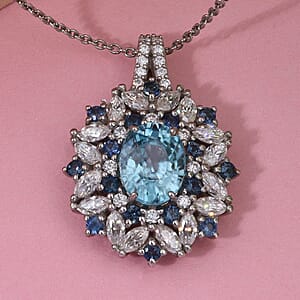 Cambodian Blue Zircon and Multi Gemstone 5.40 ctw Pendant Necklace in Rhodium Over Sterling Silver 20 Inches
