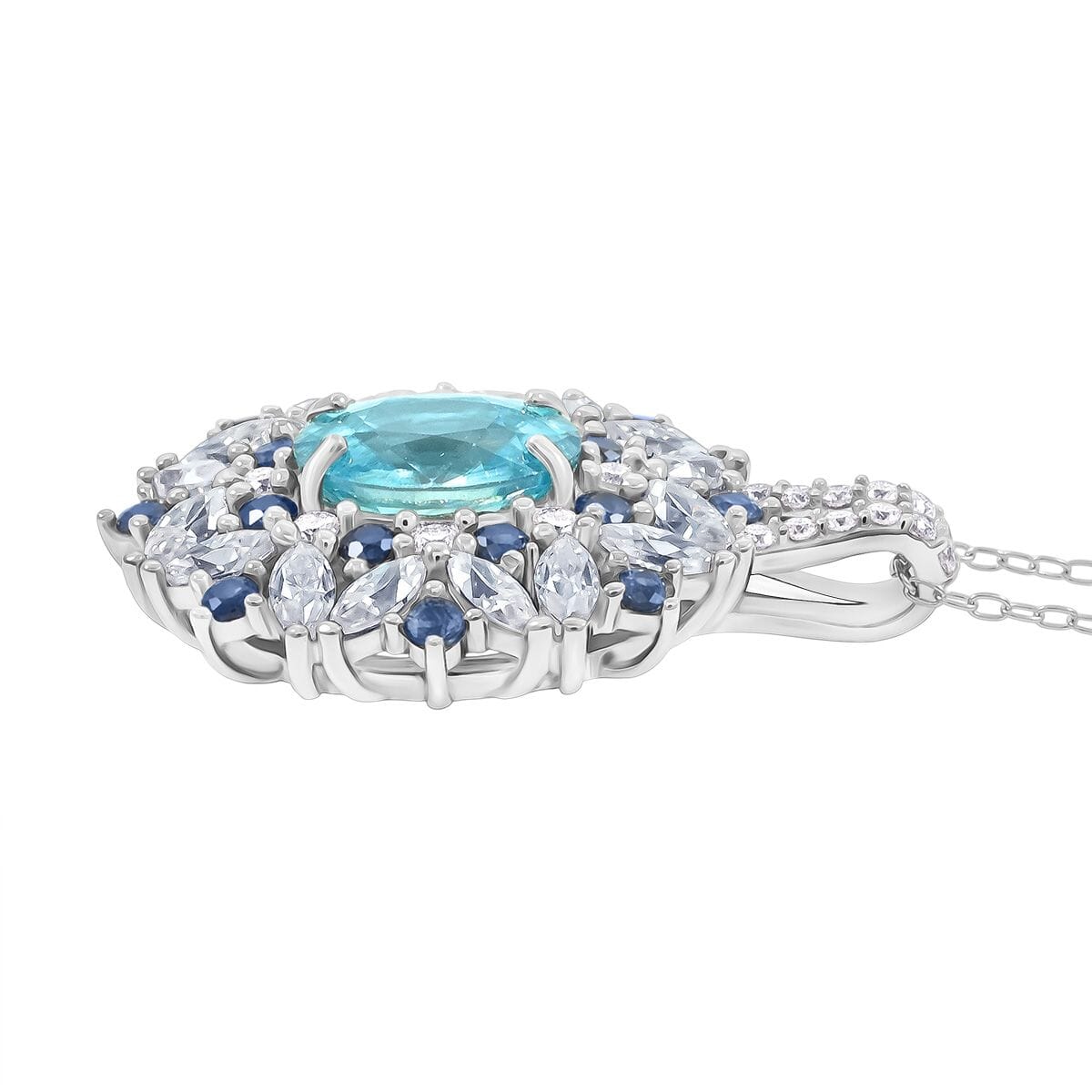 Cambodian Blue Zircon and Multi Gemstone 5.40 ctw Pendant Necklace in Rhodium Over Sterling Silver 20 Inches image number 3