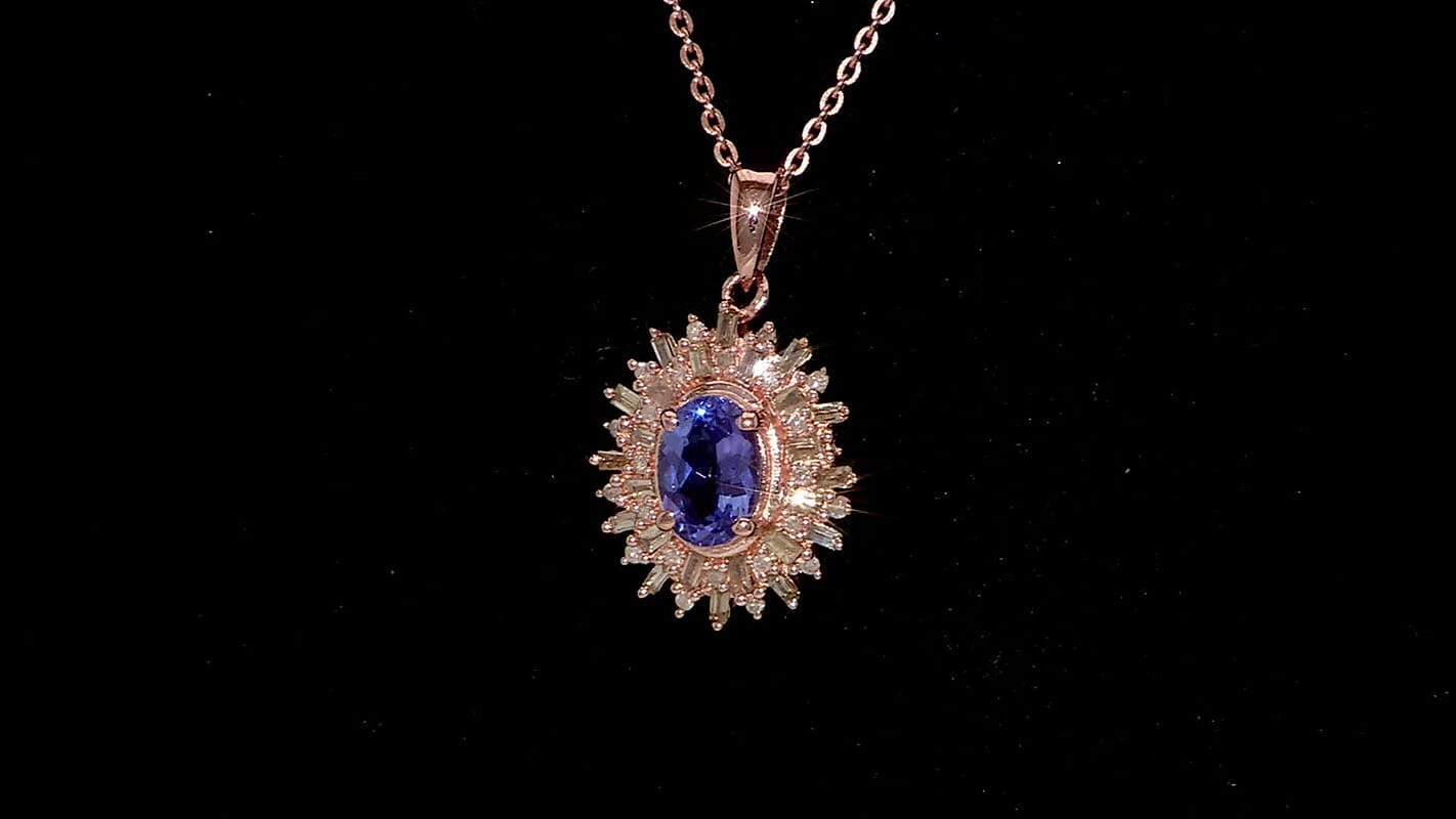 Tanzanite, Natural Champagne and White Diamond 1.30 ctw Solar Elegance Pendant Necklace in 18K Vermeil Rose Gold Over Sterling Silver 20 Inches
