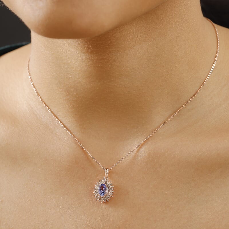 Tanzanite, Natural Champagne and White Diamond 1.30 ctw Solar Elegance Pendant Necklace in 18K Vermeil Rose Gold Over Sterling Silver 20 Inches