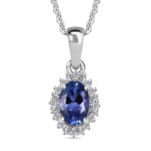 AAA Tanzanite and Diamond 0.60 ctw Moonlit Halo Pendant Necklace in Rhodium Over Sterling Silver 20 Inches