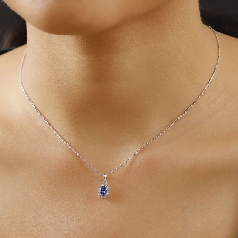 AAA Tanzanite and Diamond 0.60 ctw Moonlit Halo Pendant Necklace in Rhodium Over Sterling Silver 20 Inches