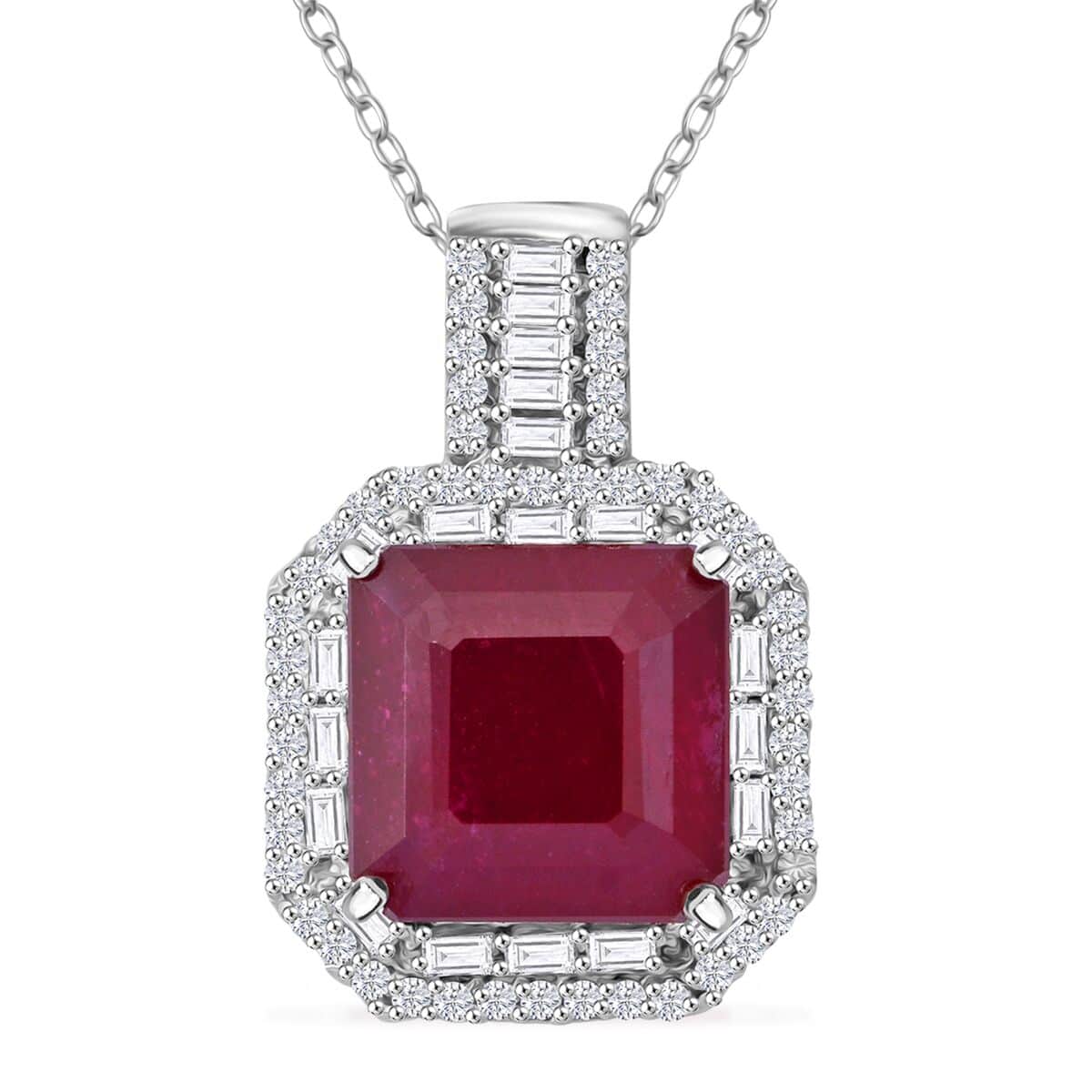 Premium Niassa Ruby (FF) and Moissanite 8.90 ctw Halo of Majesty Pendant Necklace in Rhodium Over Sterling Silver 20 Inches image number 0