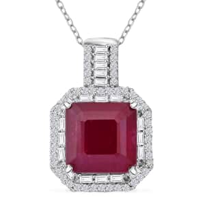 Premium Niassa Ruby (FF) and Moissanite 8.90 ctw Halo of Majesty Pendant Necklace in Rhodium Over Sterling Silver 20 Inches