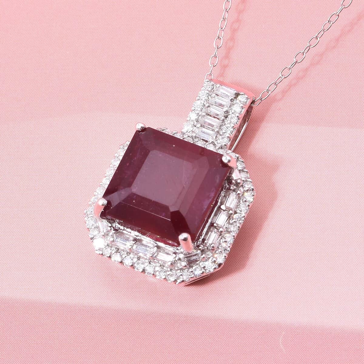 Premium Niassa Ruby (FF) and Moissanite 8.90 ctw Halo of Majesty Pendant Necklace in Rhodium Over Sterling Silver 20 Inches image number 1