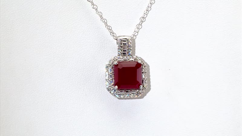 Premium Niassa Ruby (FF) and Moissanite 8.90 ctw Halo of Majesty Pendant Necklace in Rhodium Over Sterling Silver 20 Inches
