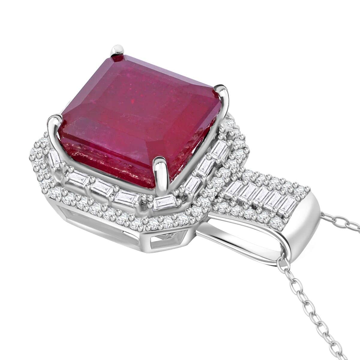 Premium Niassa Ruby (FF) and Moissanite 8.90 ctw Halo of Majesty Pendant Necklace in Rhodium Over Sterling Silver 20 Inches image number 3