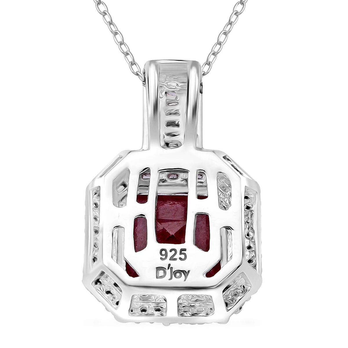 Premium Niassa Ruby (FF) and Moissanite 8.90 ctw Halo of Majesty Pendant Necklace in Rhodium Over Sterling Silver 20 Inches