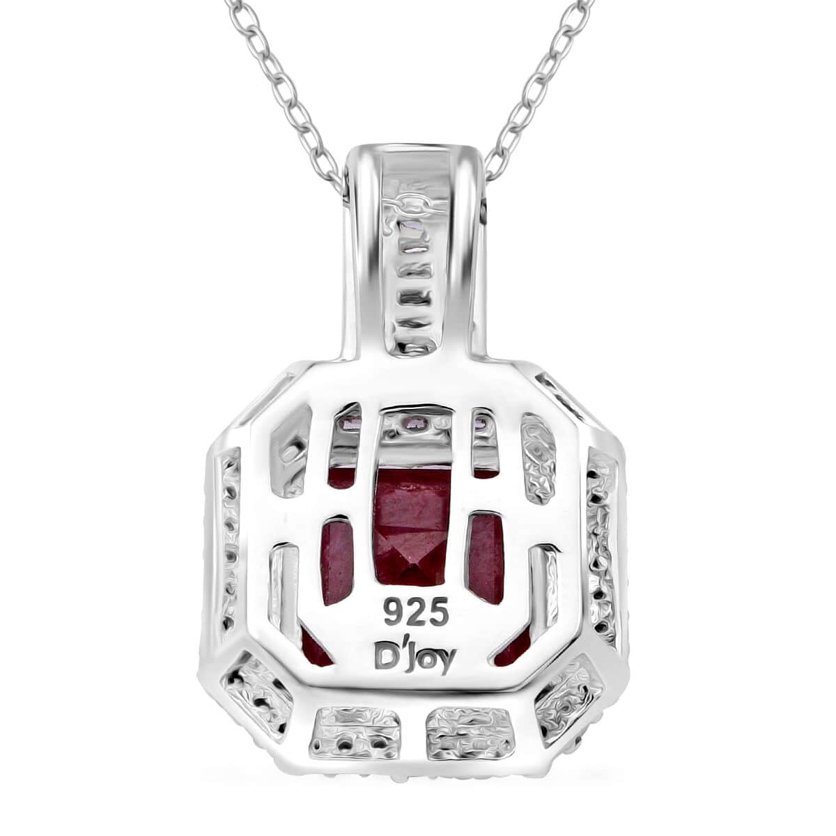 Premium Niassa Ruby (FF) and Moissanite 8.90 ctw Halo of Majesty Pendant Necklace in Rhodium Over Sterling Silver 20 Inches image number 4