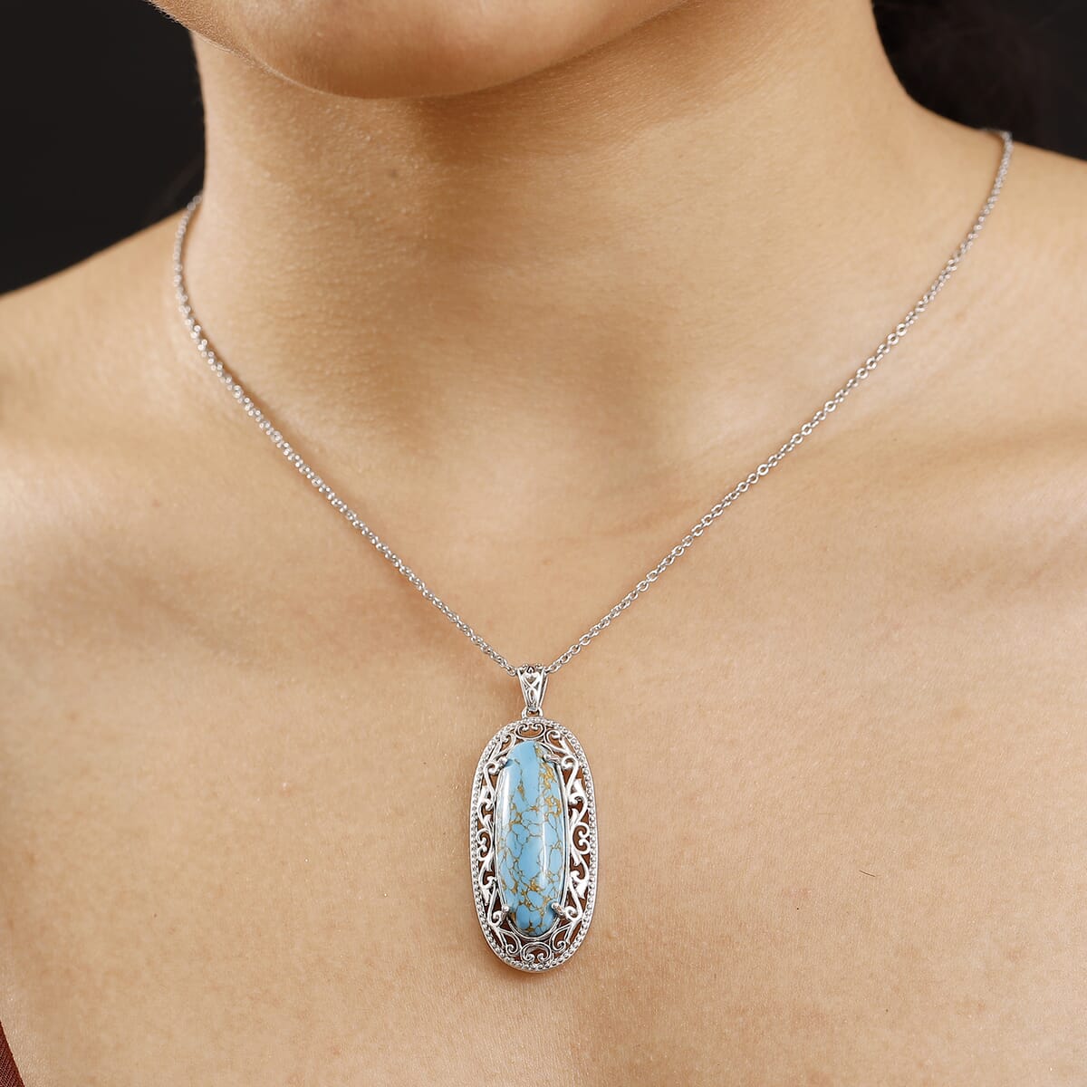 Mojave Blue Turquoise 13.30 ctw Pendant in Platinum Over Copper with Magnet with Stainless Steel Necklace 20 Inches image number 2