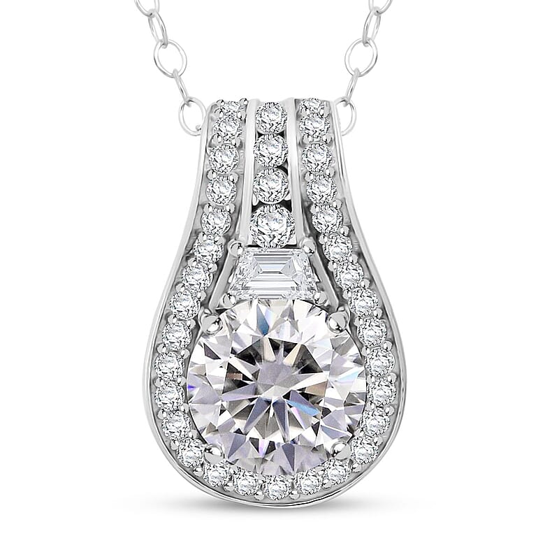 D'Joy Heart and Arrow Cut Moissanite 2.40 ctw Bridge Pendant Necklace in Rhodium Over Sterling Silver 20 Inches