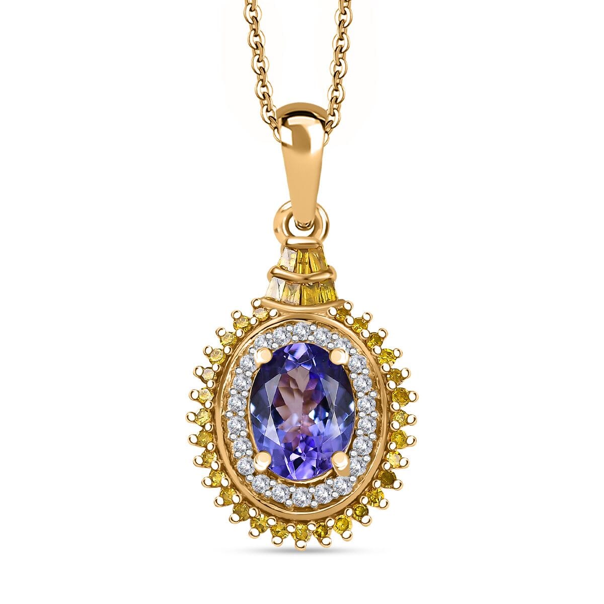 Tanzanite, Yellow Diamond (IR) and White Diamond 1.60 ctw Sunburst Pendant Necklace in 18K Vermeil Yellow Gold Over Sterling Silver 20 Inches image number 0