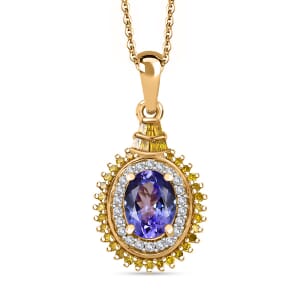 Tanzanite, Yellow Diamond (IR) and White Diamond 1.60 ctw Sunburst Pendant Necklace in 18K Vermeil Yellow Gold Over Sterling Silver 20 Inches
