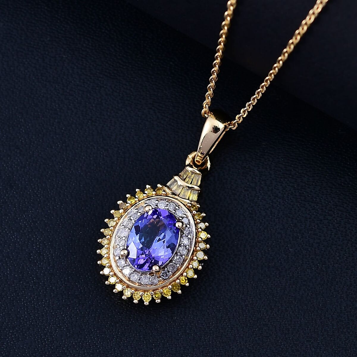 Tanzanite, Yellow Diamond (IR) and White Diamond 1.60 ctw Sunburst Pendant Necklace in 18K Vermeil Yellow Gold Over Sterling Silver 20 Inches image number 1