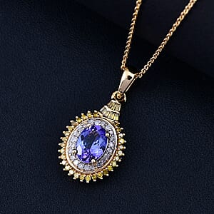 Tanzanite, Yellow Diamond (IR) and White Diamond 1.60 ctw Sunburst Pendant Necklace in 18K Vermeil Yellow Gold Over Sterling Silver 20 Inches