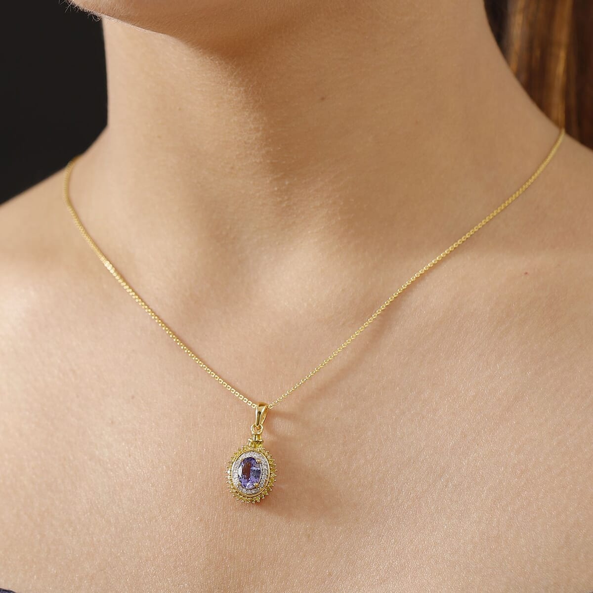 Tanzanite, Yellow Diamond (IR) and White Diamond 1.60 ctw Sunburst Pendant Necklace in 18K Vermeil Yellow Gold Over Sterling Silver 20 Inches image number 2