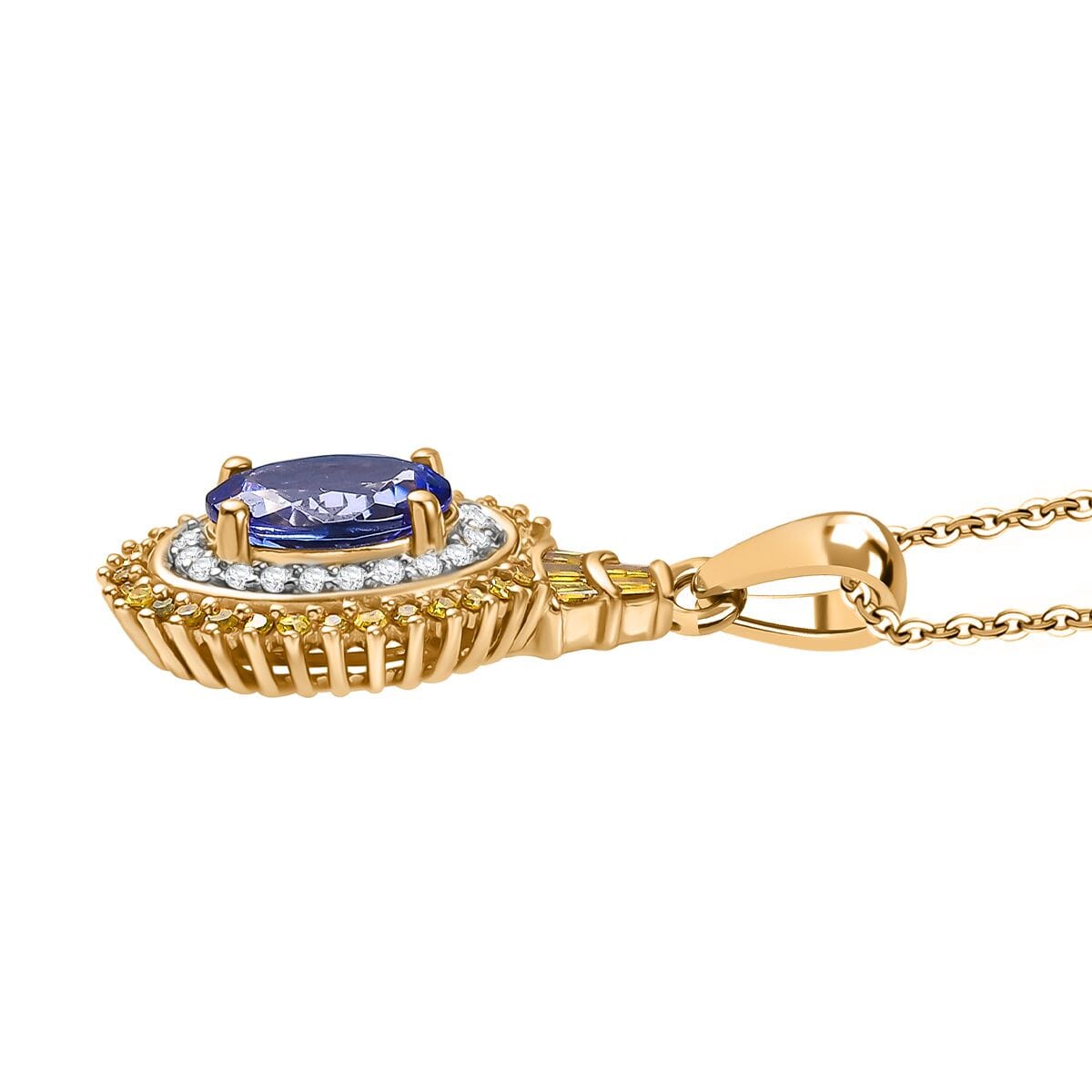 Tanzanite, Yellow Diamond (IR) and White Diamond 1.60 ctw Sunburst Pendant Necklace in 18K Vermeil Yellow Gold Over Sterling Silver 20 Inches image number 3