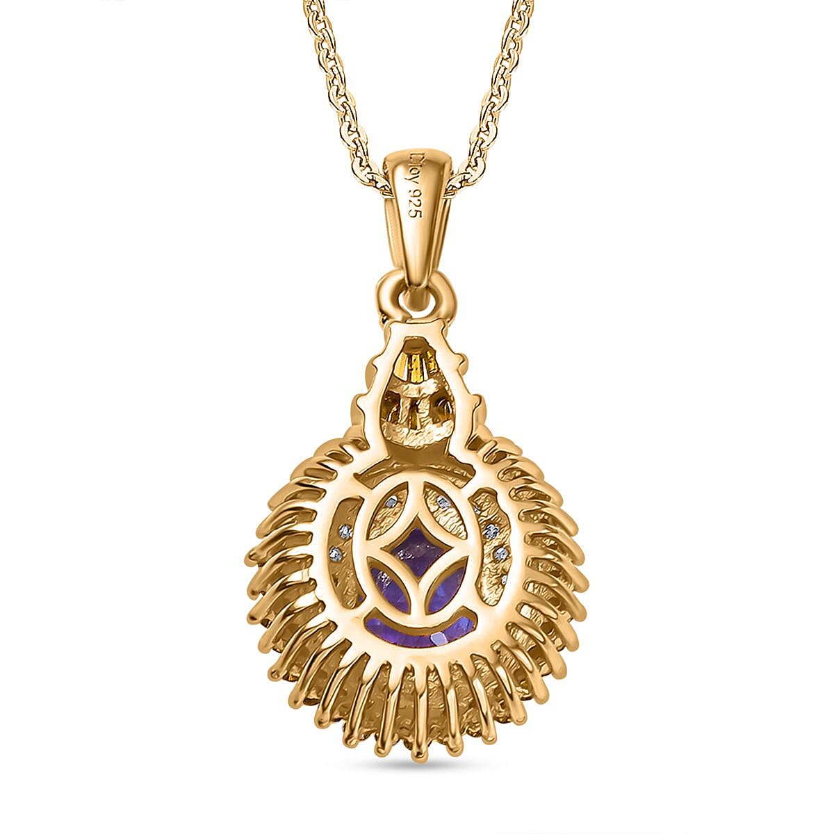 Tanzanite, Yellow Diamond (IR) and White Diamond 1.60 ctw Sunburst Pendant Necklace in 18K Vermeil Yellow Gold Over Sterling Silver 20 Inches