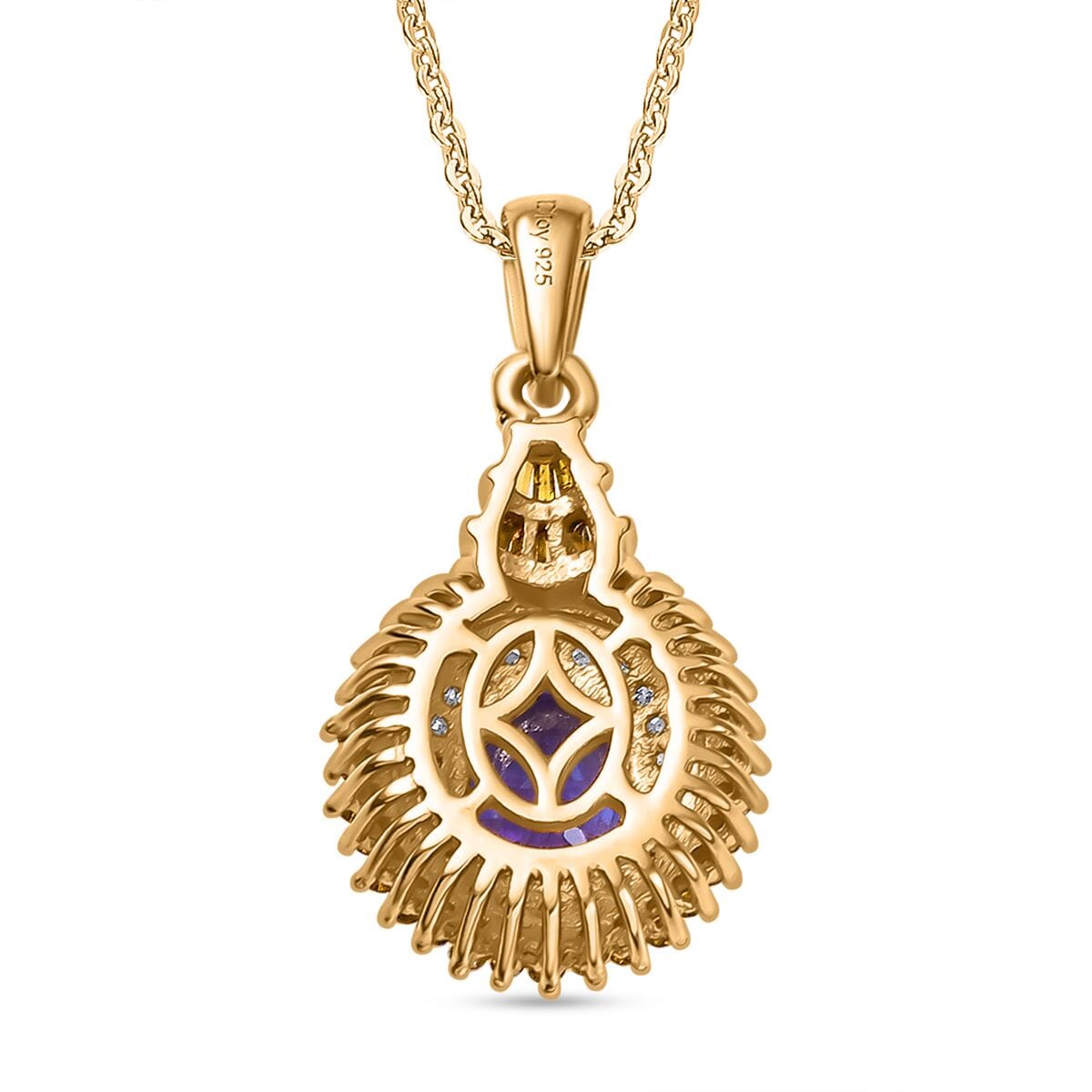 Tanzanite, Yellow Diamond (IR) and White Diamond 1.60 ctw Sunburst Pendant Necklace in 18K Vermeil Yellow Gold Over Sterling Silver 20 Inches image number 4