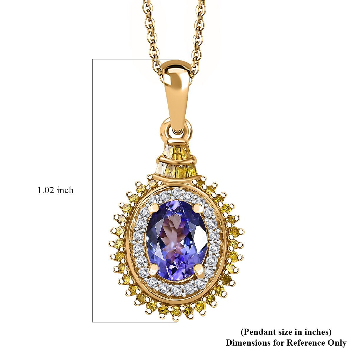 Tanzanite, Yellow Diamond (IR) and White Diamond 1.60 ctw Sunburst Pendant Necklace in 18K Vermeil Yellow Gold Over Sterling Silver 20 Inches