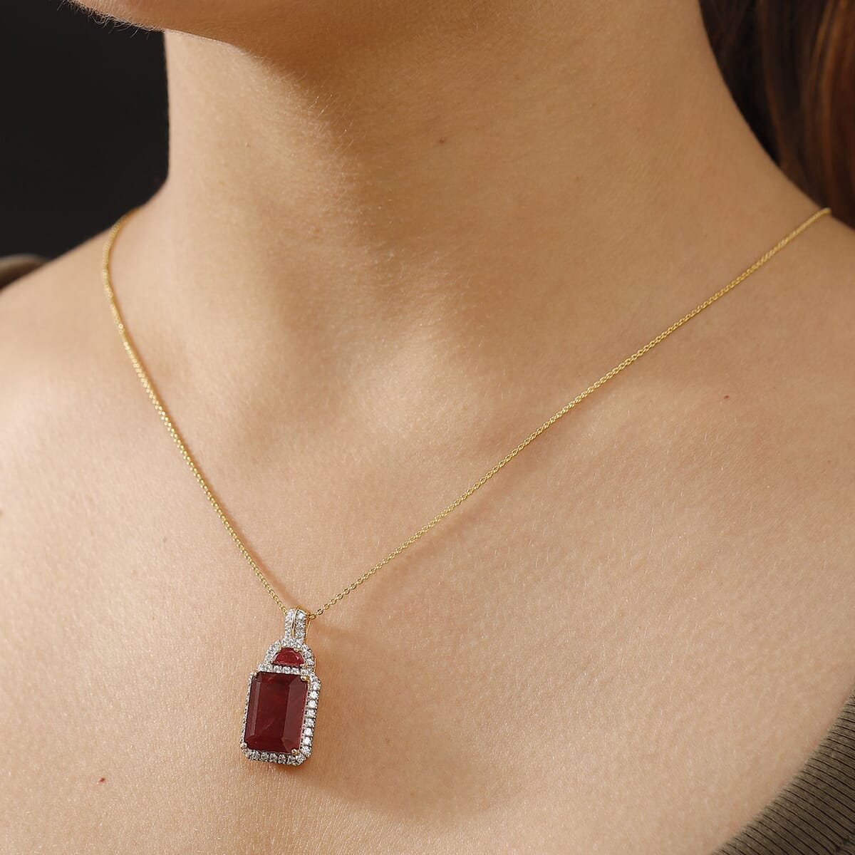 Niassa Ruby (FF) and White Zircon 12.20 ctw Halo of Passion Pendant Necklace in 18K Vermeil Yellow Gold Over Sterling Silver 20 Inches image number 2