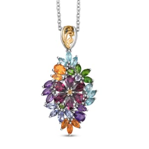 D'Joy Multi Gemstone 6.75 ctw Flowers Bouquet Pendant Necklace 20 Inches in 18K Vermeil YG and Rhodium Over Sterling Silver
