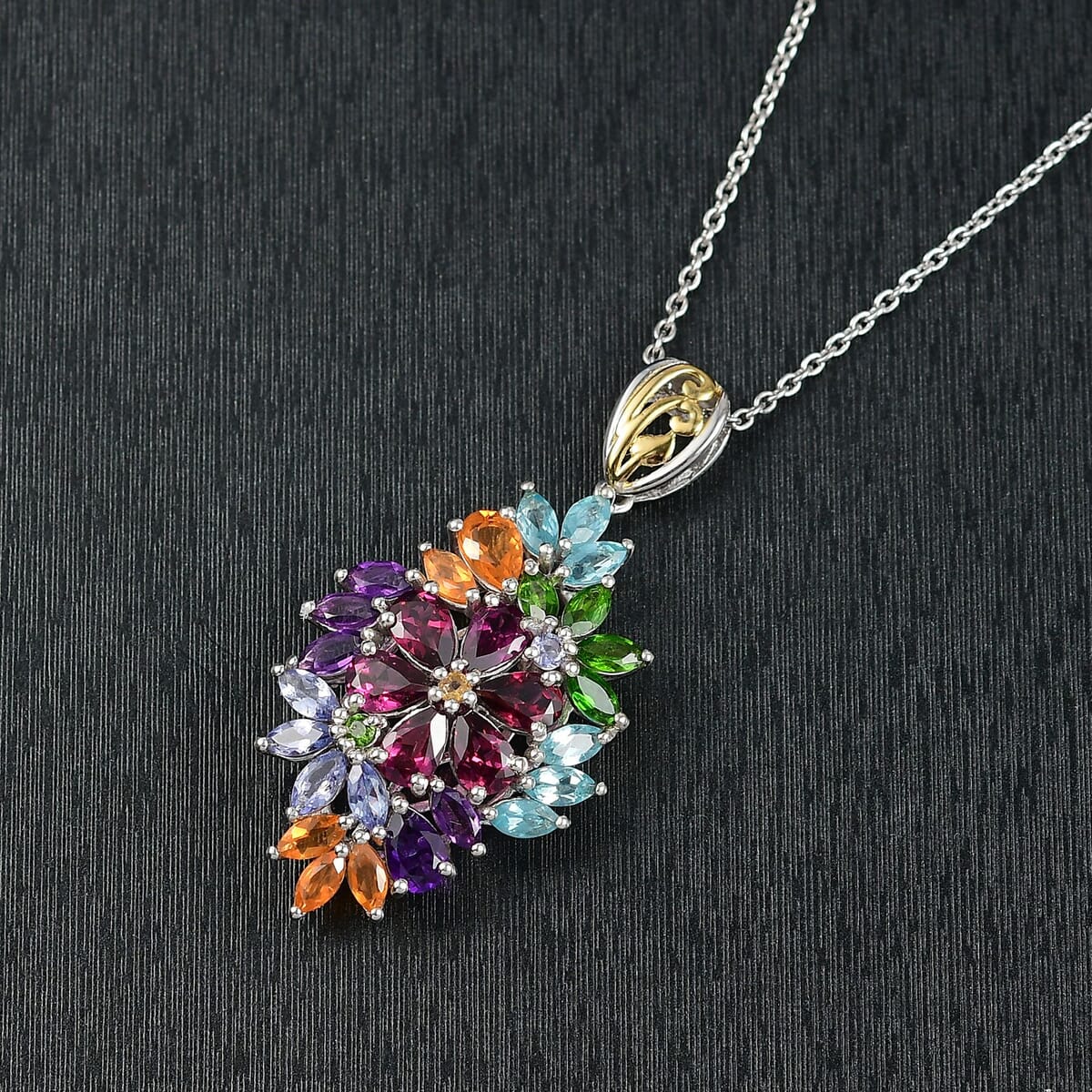 D'Joy Multi Gemstone 6.75 ctw Flowers Bouquet Pendant Necklace 20 Inches in 18K Vermeil YG and Rhodium Over Sterling Silver image number 1
