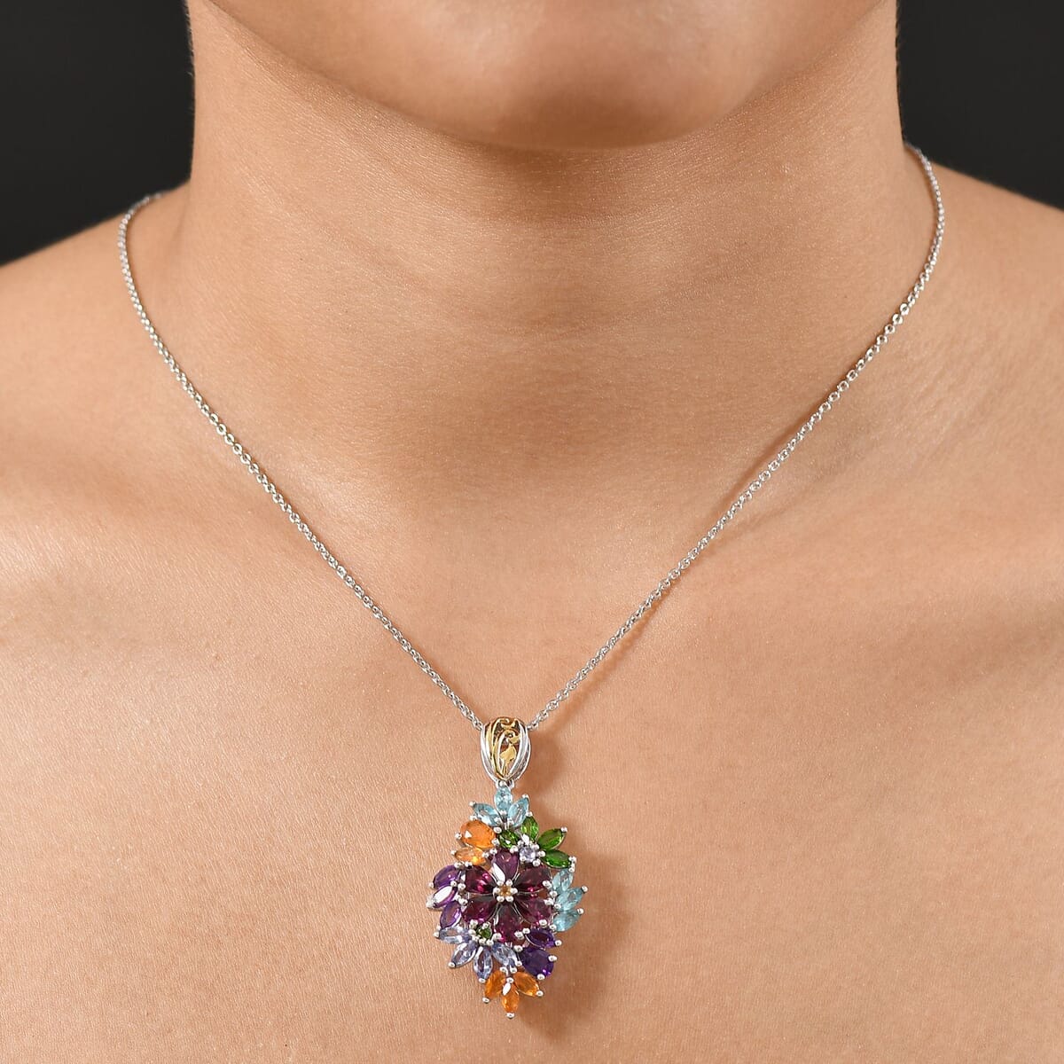 D'Joy Multi Gemstone 6.75 ctw Flowers Bouquet Pendant Necklace 20 Inches in 18K Vermeil YG and Rhodium Over Sterling Silver image number 2