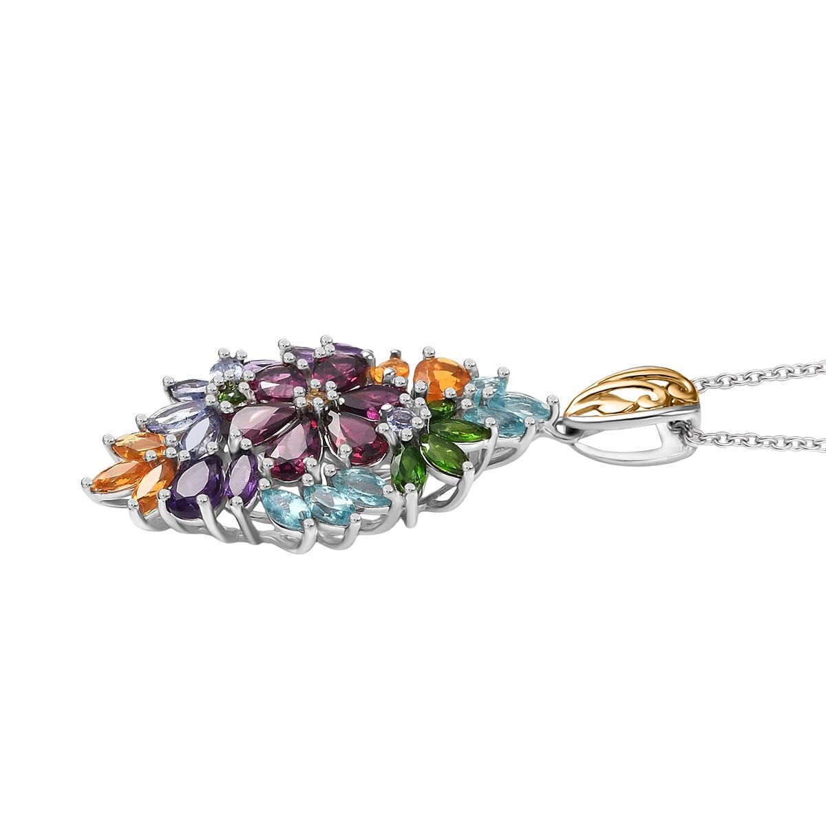 D'Joy Multi Gemstone 6.75 ctw Flowers Bouquet Pendant Necklace 20 Inches in 18K Vermeil YG and Rhodium Over Sterling Silver image number 3