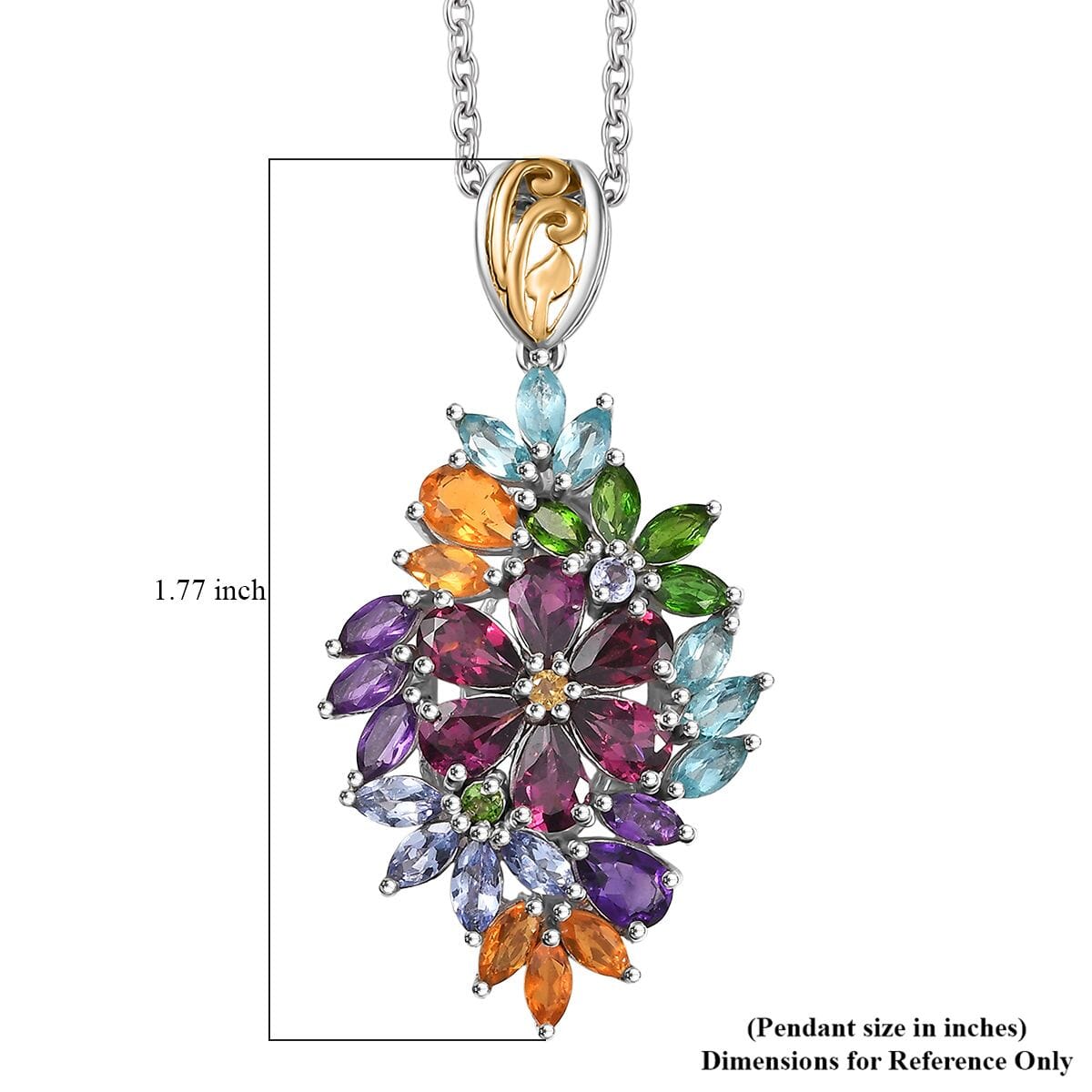 D'Joy Multi Gemstone 6.75 ctw Flowers Bouquet Pendant Necklace 20 Inches in 18K Vermeil YG and Rhodium Over Sterling Silver image number 6