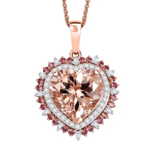 Luxoro AAA Marropino Morganite, Padparadscha Sapphire and White Dimond I2 5.90 ctw Radiant Heart Pendant Necklace in 14K Rose Gold 20 Inches