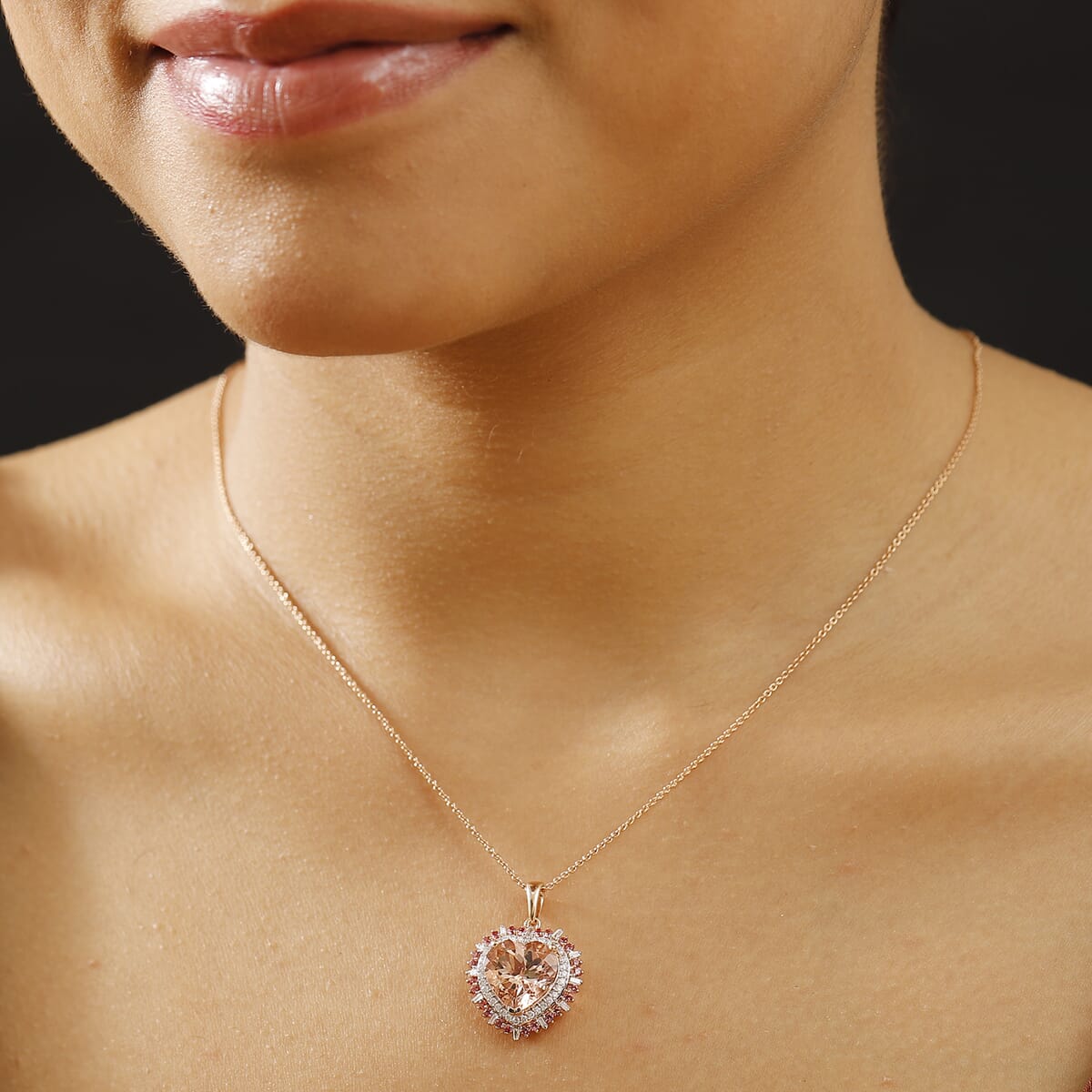 Luxoro AAA Marropino Morganite, Padparadscha Sapphire and White Dimond I2 5.90 ctw Radiant Heart Pendant Necklace in 14K Rose Gold 20 Inches image number 2