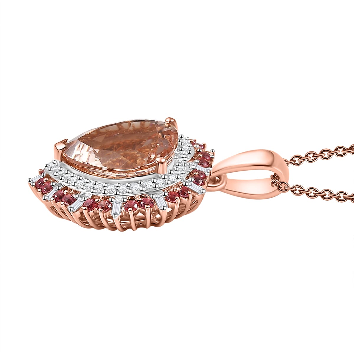 Luxoro AAA Marropino Morganite, Padparadscha Sapphire and White Dimond I2 5.90 ctw Radiant Heart Pendant Necklace in 14K Rose Gold 20 Inches image number 3