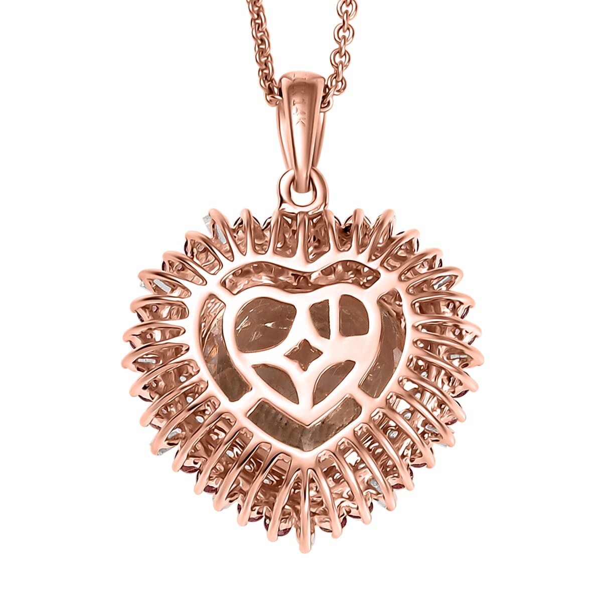 Luxoro AAA Marropino Morganite, Padparadscha Sapphire and White Dimond I2 5.90 ctw Radiant Heart Pendant Necklace in 14K Rose Gold 20 Inches image number 4