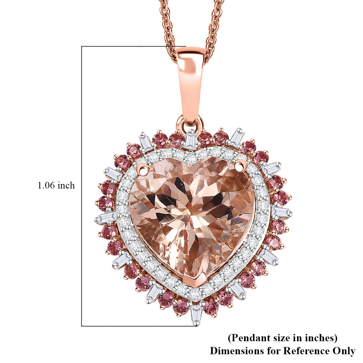 Luxoro AAA Marropino Morganite, Padparadscha Sapphire and White Dimond I2 5.90 ctw Radiant Heart Pendant Necklace in 14K Rose Gold 20 Inches image number 5